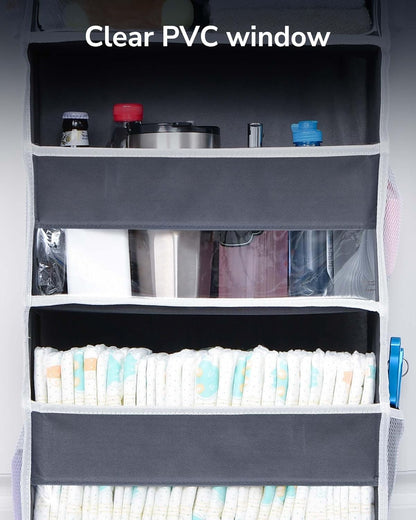 1 Pack over Door Organizer with 5 Large Pockets 10 Mesh Side Pockets, 44 Lbs Weight Capacity Hanging Storage Organizer with Clear Window Kids Toys, Shoes, Diapers, Dark Grey, 5 Layers