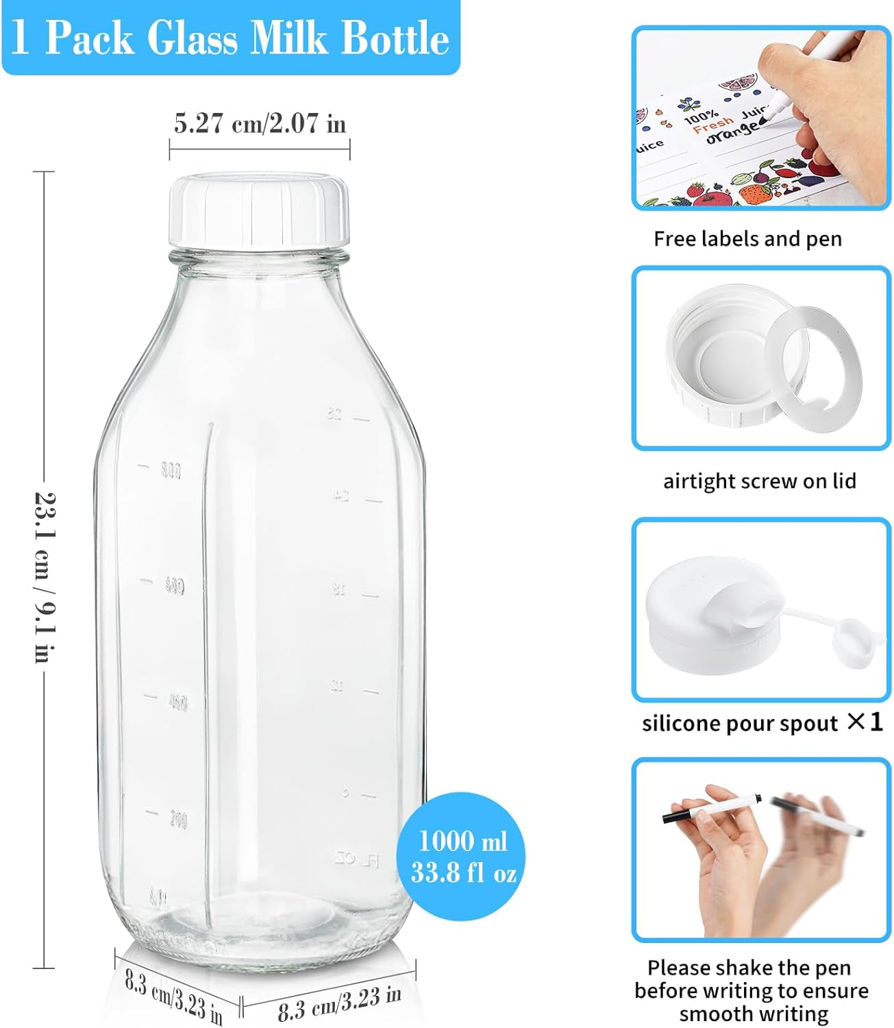 1 Pack Square Liter Milk Jug W Airtight Lid - 100% Airtight Heavy Duty Screw Lid, 32 Oz Juice Container for Fridge W Scale Mark, Reusable Glass Water Bottle for Homemade Smoothie(Extra 1 Lid)