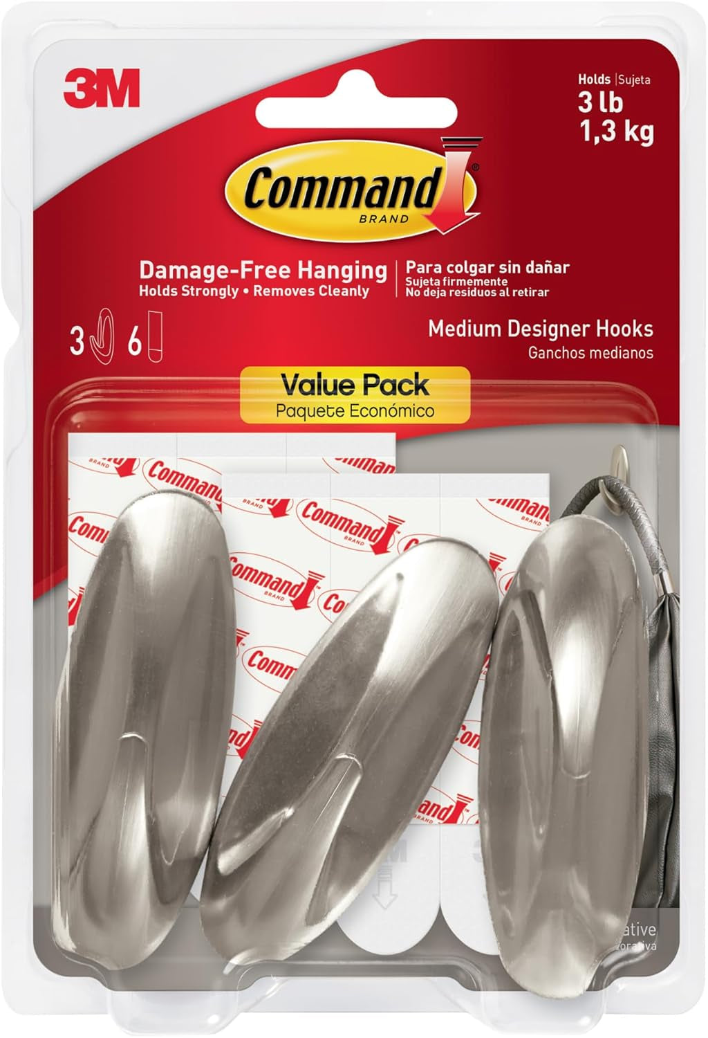 Medium Designer Hooks, Brushed Nickel, 3-Hooks, 6-Strips, Decorate Damage-Free