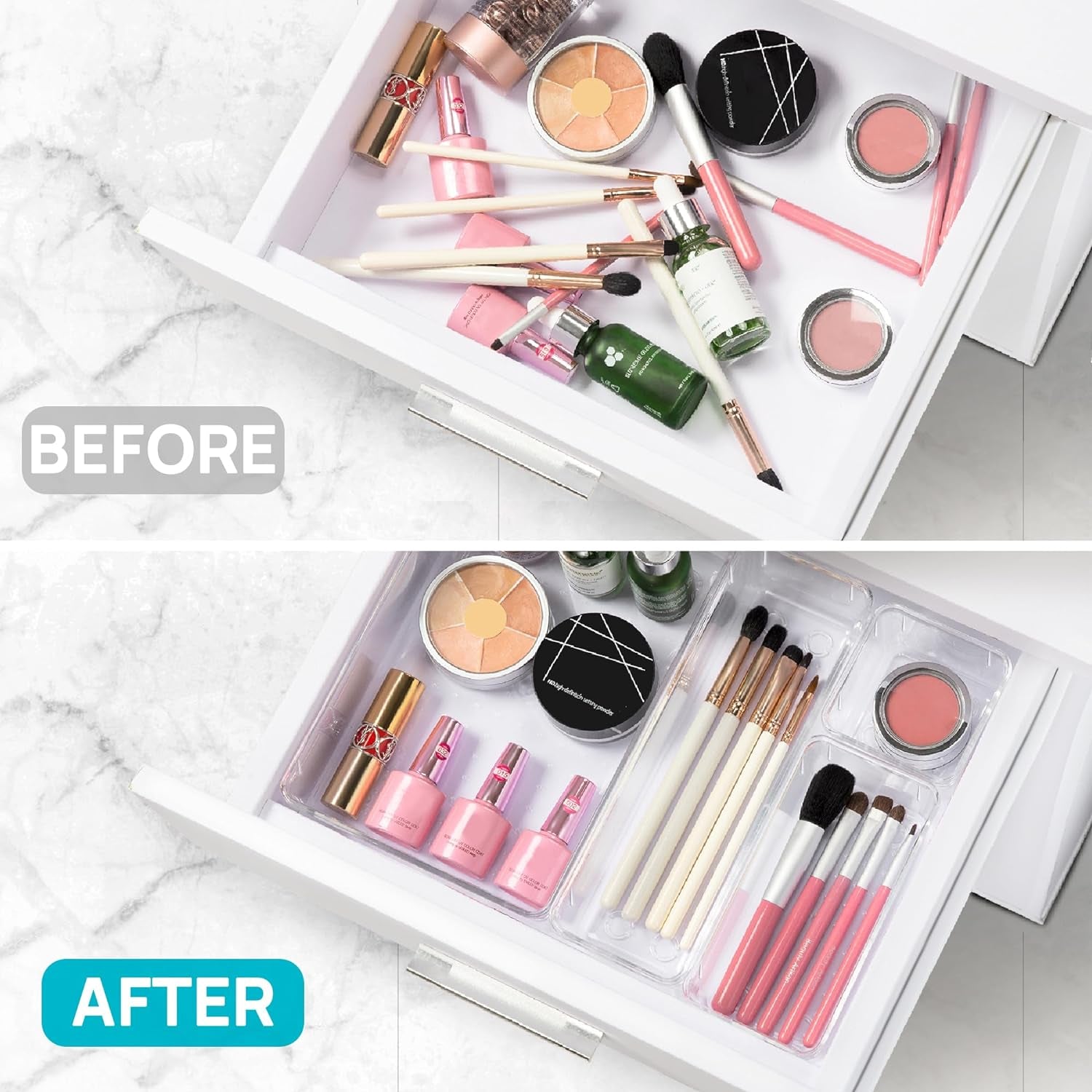 25 PCS Plastic Clear Drawer Organizer, Acrylic Desk Drawer Organizers, Organization and Storage for Makeup, Bathroom, Office, Kitchen, Bedroom