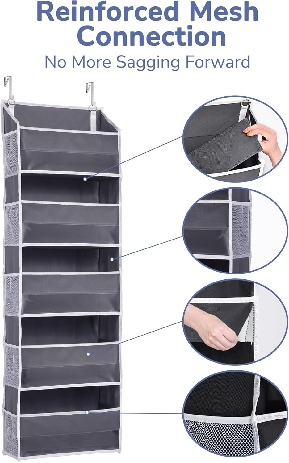 1 Pack over Door Organizer with 5 Large Pockets 10 Mesh Side Pockets, 44 Lbs Weight Capacity Hanging Storage Organizer with Clear Window Kids Toys, Shoes, Diapers, Dark Grey, 5 Layers