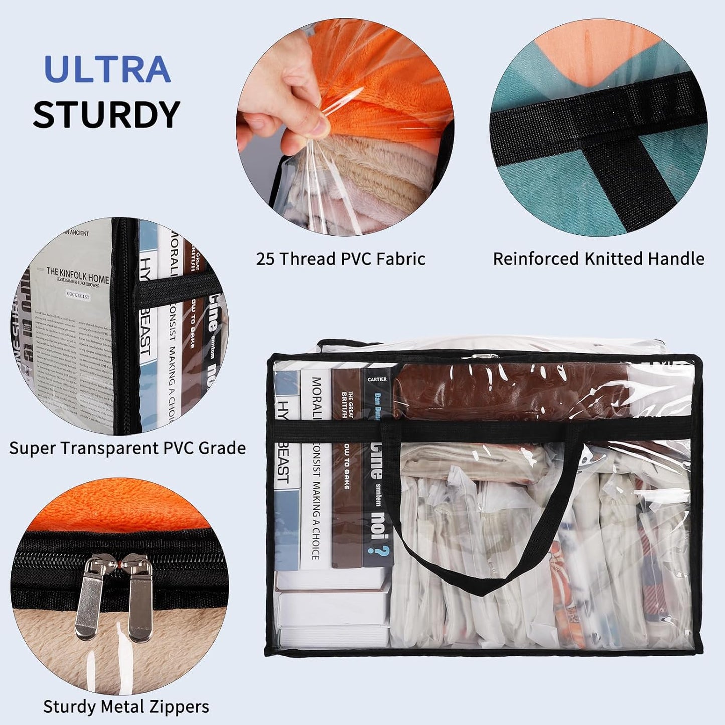 Blanket Storage Bags 60L Extra Large Plastic Vinyl Clear Storage Bag for Clothes, Comforter, Bedding, Moving Bags with Zipper and Reinforced Handle (4Pcs)