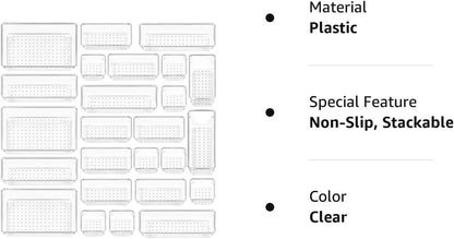 25 PCS Plastic Clear Drawer Organizer, Acrylic Desk Drawer Organizers, Organization and Storage for Makeup, Bathroom, Office, Kitchen, Bedroom