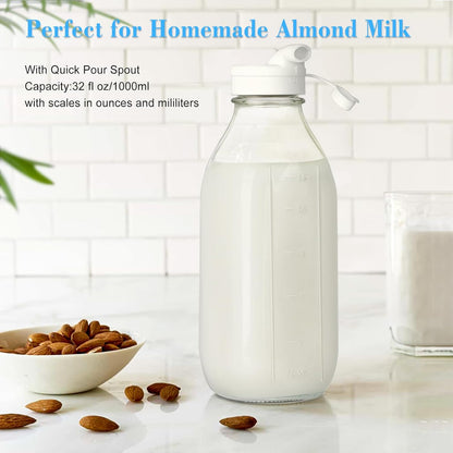1 Pack Square Liter Milk Jug W Airtight Lid - 100% Airtight Heavy Duty Screw Lid, 32 Oz Juice Container for Fridge W Scale Mark, Reusable Glass Water Bottle for Homemade Smoothie(Extra 1 Lid)