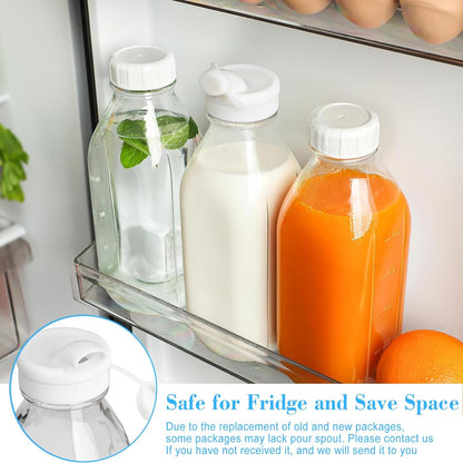 1 Pack Square Liter Milk Jug W Airtight Lid - 100% Airtight Heavy Duty Screw Lid, 32 Oz Juice Container for Fridge W Scale Mark, Reusable Glass Water Bottle for Homemade Smoothie(Extra 1 Lid)