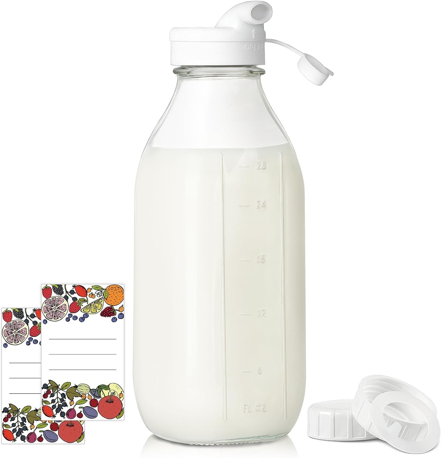 1 Pack Square Liter Milk Jug W Airtight Lid - 100% Airtight Heavy Duty Screw Lid, 32 Oz Juice Container for Fridge W Scale Mark, Reusable Glass Water Bottle for Homemade Smoothie(Extra 1 Lid)