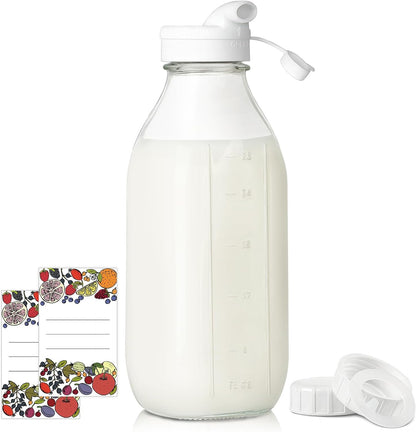 1 Pack Square Liter Milk Jug W Airtight Lid - 100% Airtight Heavy Duty Screw Lid, 32 Oz Juice Container for Fridge W Scale Mark, Reusable Glass Water Bottle for Homemade Smoothie(Extra 1 Lid)